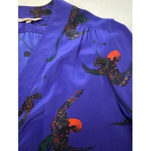 Tucker Brand Made in USA 100% Silk Bird Print V-Neck Midi Dress Tie waist M/L